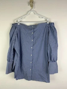 Tommy Hilfiger Blouse 3X Plus Woman Blue White Stripe Off Shoulder Button Front - Picture 1 of 3