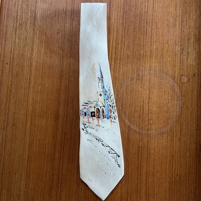 Corbata de rayón vintage pintada a mano escena de invierno blanca corbata real años 50 Foto 1 de 2