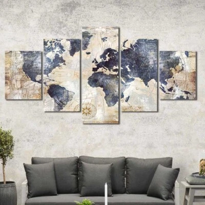 Abstract Blue Old World Map Rustic 5 Piece Panel Canvas Wall Art Photo Decor - Image 1 of 2