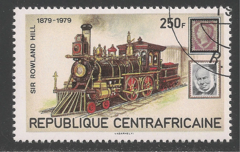 Central African Rep. #401 (A122) VF USED 1979 250fr  Locomotive, Hill and Stamp - Image 1 of 1