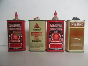 (4) Vintage Marvel, Ka-Bar, & Indian Mountain Whetstones Oil Oiler Tins (Full) - Picture 1 of 14