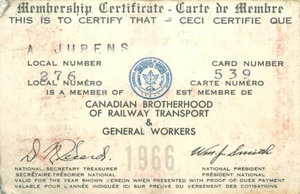 CANADIAN BROTHERHOOD OF RAILWAY EMPLOYEES Membership Card 1966 JURENS UNION - Picture 1 of 2
