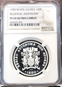 1980 AZORES SILVER 100 ESCUDOS REGIONAL AUTONOMY NGC PF 69 ULTRA CAMEO TOP POP 1 - Picture 1 of 5