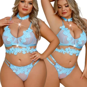 Ladies Plus Size Sexy Lingerie Lace Bra Thong Underwear Set Nightwear Sleepwear - Picture 1 of 32