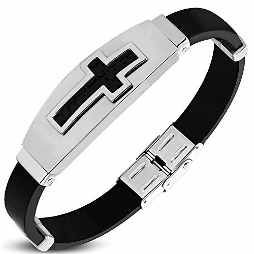 Pulsera de acero inoxidable de dos tonos de goma negra cruz religiosa para hombre Foto 1 de 1