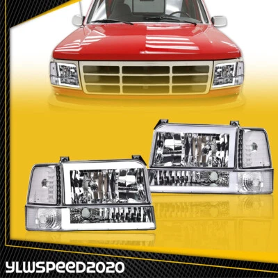 Fit For 1992-1996 Ford150-F350 Super Duty Pair LED DRL Chrome Headlight - Image 1 of 4