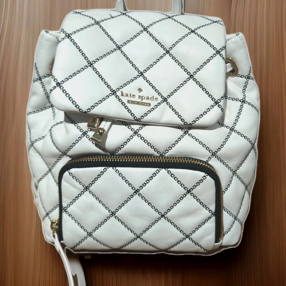 KATE SPADE TAYLOR LEATHER BACKPACK Windowpane Cream Check Purse Limited Edition - Image 1 of 4