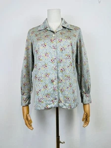 Vintage 70s Silver Pink Yellow Green Ditzy Floral Print Shirt 12 - Picture 1 of 6