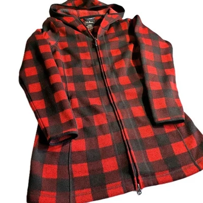 Jaqueta de lã LL Bean feminina xadrez búfalo com capuz tamanho P vermelha/preta externa - Imagem 1 de 4