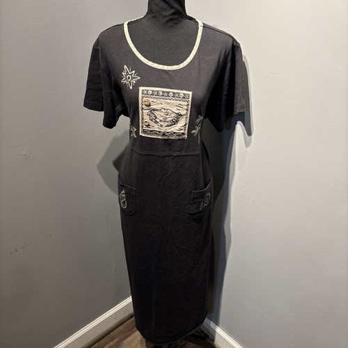 VETEMENTS Maxi abito vintage in cotone ispirato alla spiaggia costiera nero conchiglie hawaiane taglia XL