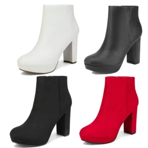 Women's Chunky High Heel Boots Round Toe Side Zipper Ankle Boots - Picture 1 of 27