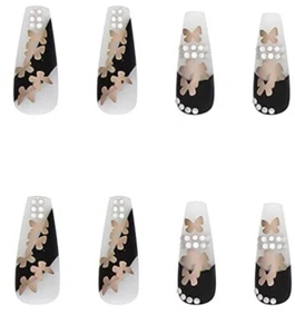 Coffin Press On Nails Long Length Full Cover Designer Nails Black Gold Butterfly - Picture 1 of 5