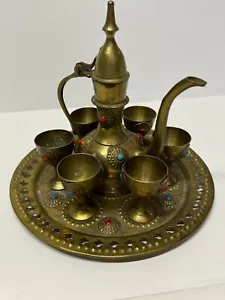 Vintage Tray & Antique Round Handles Old Hammered Turkish Brass Teapot w/ 6 Cups - Picture 1 of 12