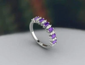 Natural Amethyst and Diamonds Half Eternity Band Ring 14k White Gold Ring - Picture 1 of 10