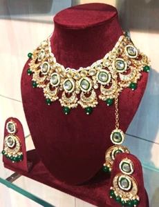 Classy Kunda set girocollo oro e verde collana lunga/sposa pakistana Sabyasachi - Foto 1 di 3