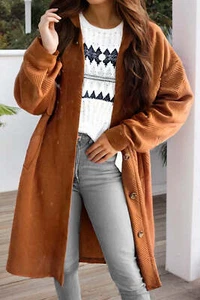 Gold Flame Textured Collared Drop Shoulder Buttoned Front Duster Coat - Picture 1 of 8