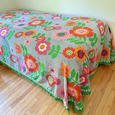 复古双床罩床罩 Mod 花条纹 60 年代 70 年代流苏波西米亚 — 第 1/4 张图片