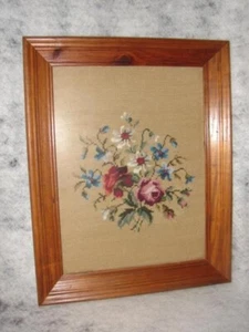 Vintage Handmade Floral Framed w/glass Needlepoint LG Picture 15 1/2 x 19 1/2 - Picture 1 of 3