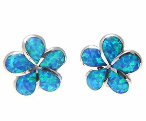 INLAY OPAL HAWAIIAN PLUMERIA FLOWER STUD EARRINGS STERLING SILVER 925 15MM - Picture 1 of 3
