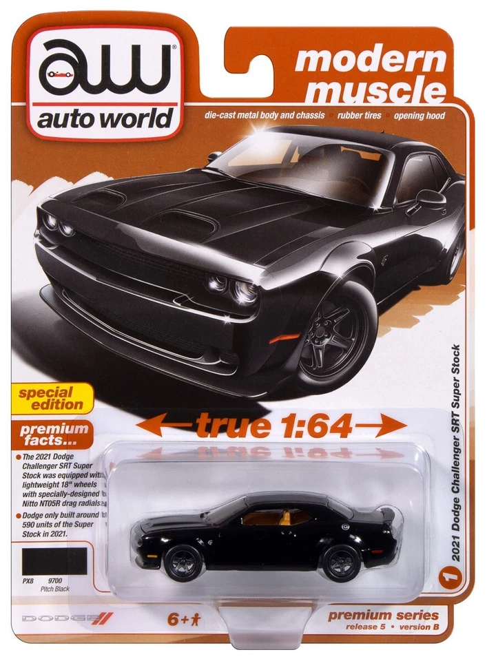 2024 AUTO WORLD 1:64 PREMIUM 5B *PITCH BLACK* 2021 Dodge Challenger SRT *NIP* - Image 1 of 1