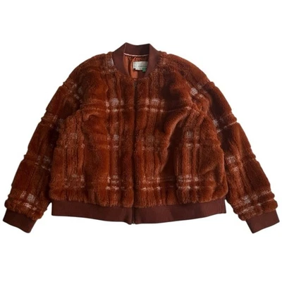 Anthropologie клетку плюшевый Bomber куртка Sz 1 X ржавчины коричневый пушистый молнии плюшевое пальто - Изображение 1 из 4