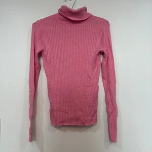 J Mclaughlin Arlette Sweater XS Knit Rib Stretch Button Turtleneck Solid Pink - Picture 1 of 6