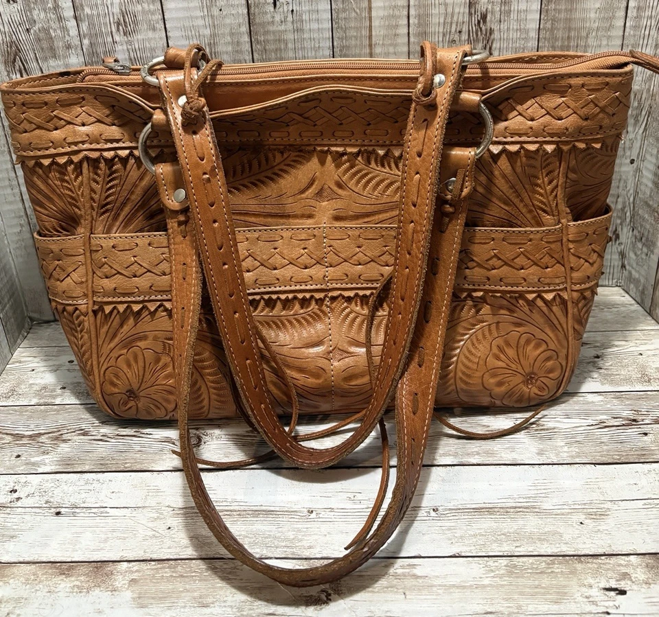 Bolso de Hombro American West Tooled Cuero Natural Cartera Bronceado Flores Cremallera Foto 1 de 4