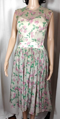 Vestido de chá vintage 1950s 60s Sm feito à mão amarelo transparente balanço trevo floral feminino - Imagem 1 de 4