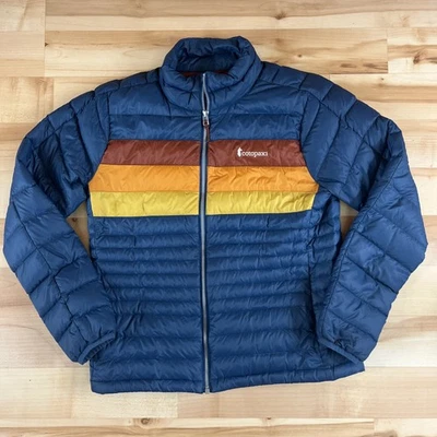Cotopaxi Fuego Down Puffer Jacket Womens Medium Navy Blue Retro Stripe 800 Fill - Image 1 of 4