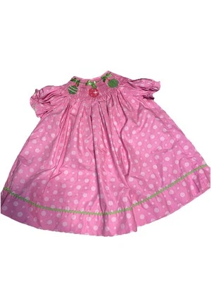 SMOCKED INFANT 9M CHRISTMAS DRESS  PINK ORNAMENTS SOUTHERN SUNSHINE BRAND - Image 1 of 4