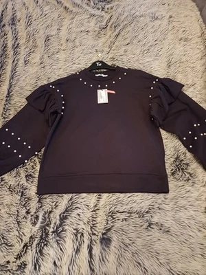 BNWT Women's Oasis Black Pearl Embellished Sweatshirt Size 10 - Image 1 of 4