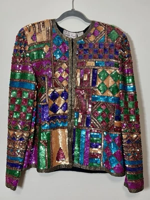 Chaqueta Vintage Seda Lentejuelas Años 80 Multicolor Retro Glam Funky Cóctel Usada en Excelente Condición Kazar L Foto 1 de 4