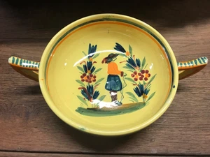Henriot Quimper YELLOW Double Handled Bowl France 1930s Faience Pottery - Picture 1 of 6