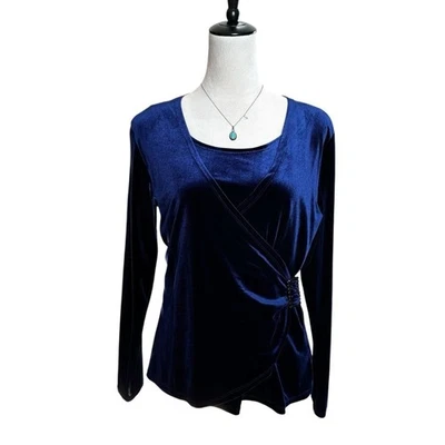 Elementz Navy Blue Velvet Faux Wrap Top Rhinestone Buckle M | Y2K Holiday Glam - Image 1 of 4