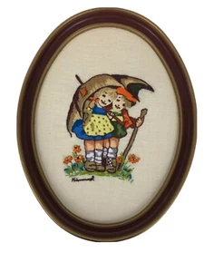Vintage Hummel Needlepoint Cross Stitch Girl Boy Umbrella Oval Framed Wall Art - Picture 1 of 6