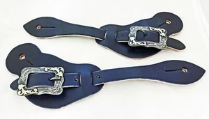 Arnés azul marino correas de espolón de cuero cuadrado C hebillas de acero par de caballos adultos - Imagen 1 de 2