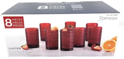 Fortessa Jupiter Glass Tumblers Red Beaded Textured 13 Ounces Each 8 Pieces