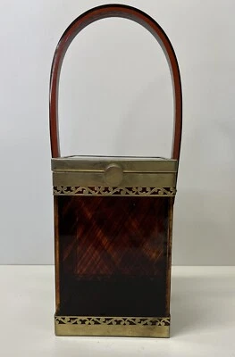 Cartera cuadrada alta vintage tirolesa NY a rayas lucite y latón con borde de filigrana como está Foto 1 de 4