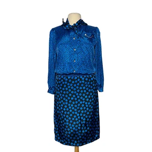 ItRich Miss Women Outfit 3 Pc Skirt Blouse Scarf Polka Dots Blue 12 VTG USA Made - Picture 1 of 12