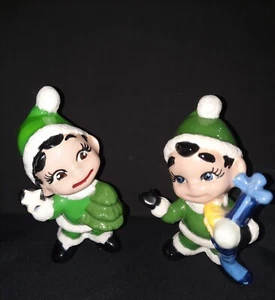 Set Of Two Vintage Holiday Pixie Elf Figurines Green 3.5"- 4"H - Picture 1 of 11