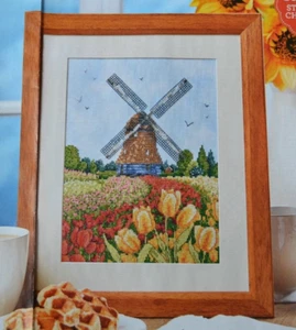 Cross Stitch Chart Only - Beautiful Windmill Scene With Tulip Flowers Sampler - Picture 1 of 1