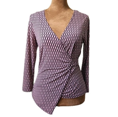 Soulmates Y2K Top Size S Asymmetrical Stretch Faux Wrap Pink Black V Neck - Image 1 of 4
