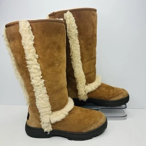 Ugg Sunburst Tall Shearling Boots Women's Size 6 Chestnut Brown Fur Suede Boots - Picture 1 of 10