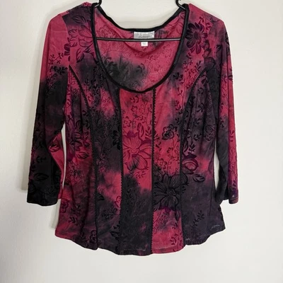 Dressbarn Red Floral Velvet Burnout Top Gothic Fairy Fitted Blouse Size Medium - Image 1 of 4