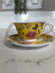 Grace Teaware Yellow Floral Butterfly Tea Cup & Saucer Set - Picture 1 of 4
