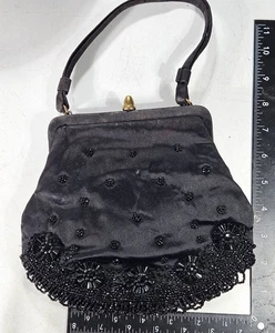 Vintage 1940s Black Beaded Evening Clutch Purse Fringe Gold Clasp - Picture 1 of 17