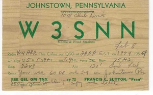Scheda radio QSL 1954 Johnstown PA - Foto 1 di 1