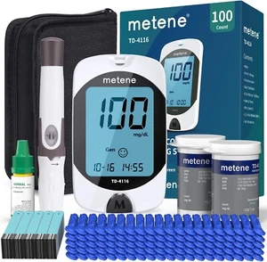 Metene TD-4116 Blood Glucose Sugar Monitor Kit 100 Glucometer Strips 100 Lancets - Picture 1 of 11