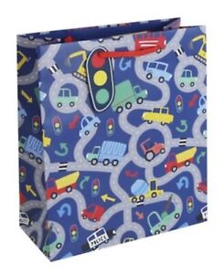 Medium Children's Gift Bag - Boy's Blue with Cars and Trucks 10x8.5"