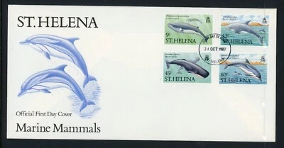 St. Helena #383-86 + 387 Marine Mammals (1987) 4v + S/S Set 2 FDC Whales Dolphin - Image 1 of 2